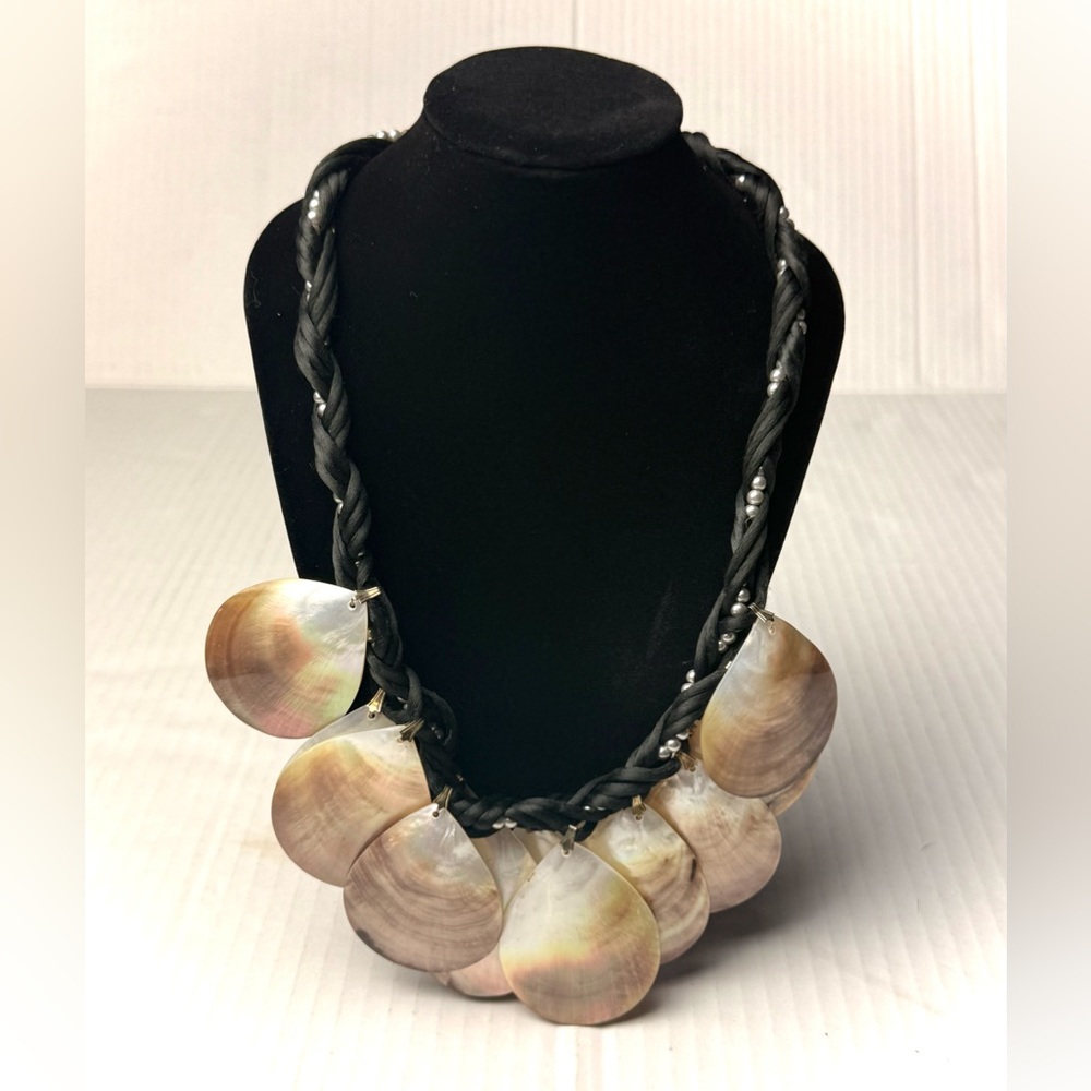 Vintage Mother Of Pearl Shell Braided Rope Necklace Teardrop Faux Pearl Ethnic